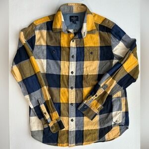 American Eagle Mens Classic Fit Flannel Shirt Plaid Yellow Navy Blue Medium